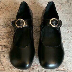 Women'S Retro Low Heel Buckle Pumps/synthetic leather/Vegan/Vintage/Black/Size:9